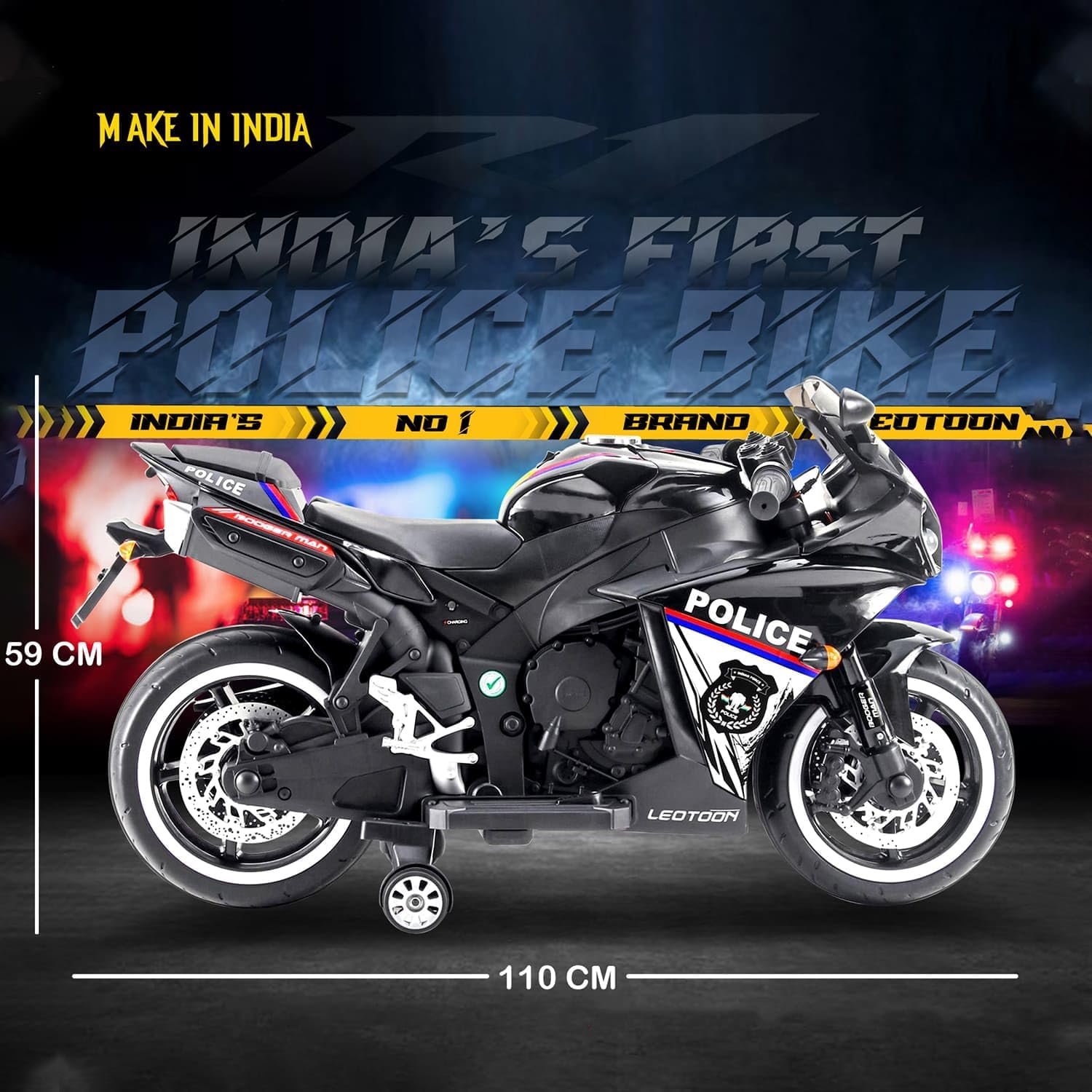 Kids' electric police ride-on bike with a 12V rechargeable battery, realistic lights and sounds, and a sleek black and white design, perfect for imaginative play. www.usmile.toys